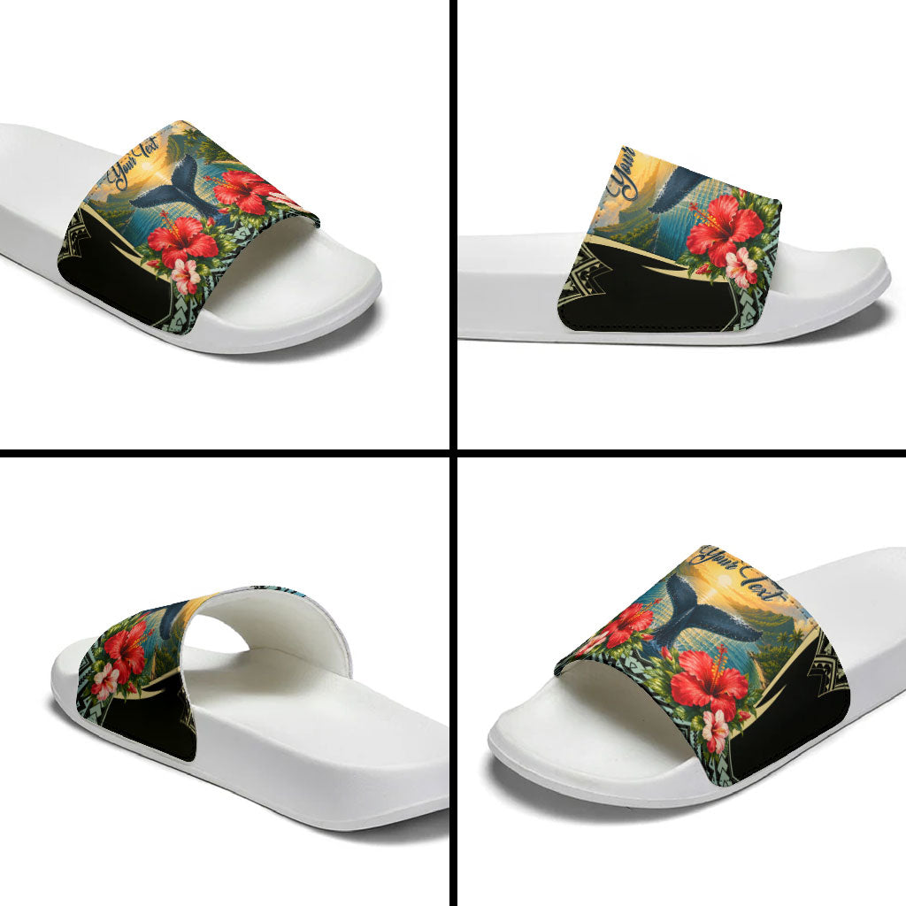 Personalized Masefau American Samoa Whale Slide Sandals Polynesian Tribal Pattern Tropical Hibiscus