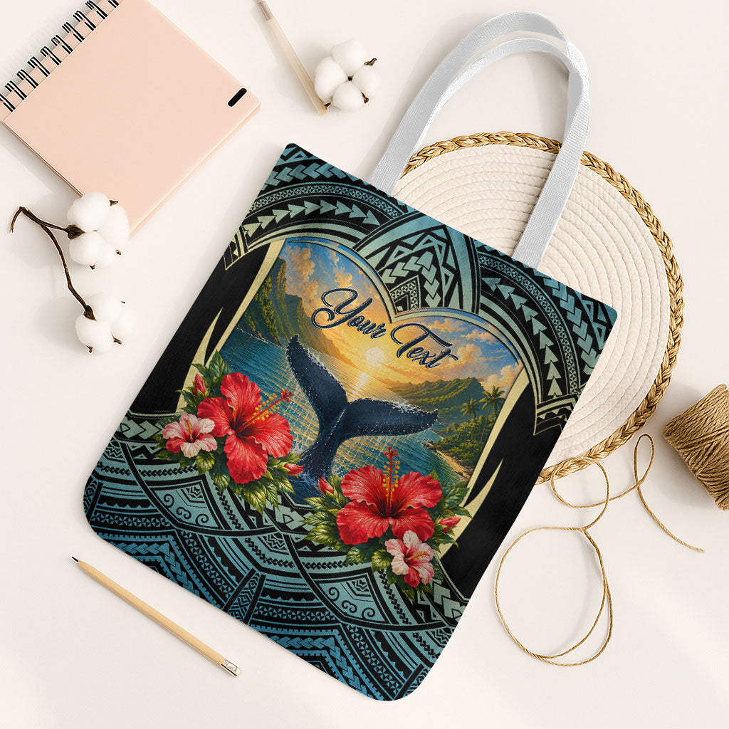 Personalized Masefau American Samoa Whale Tote Bag Polynesian Tribal Pattern Tropical Hibiscus