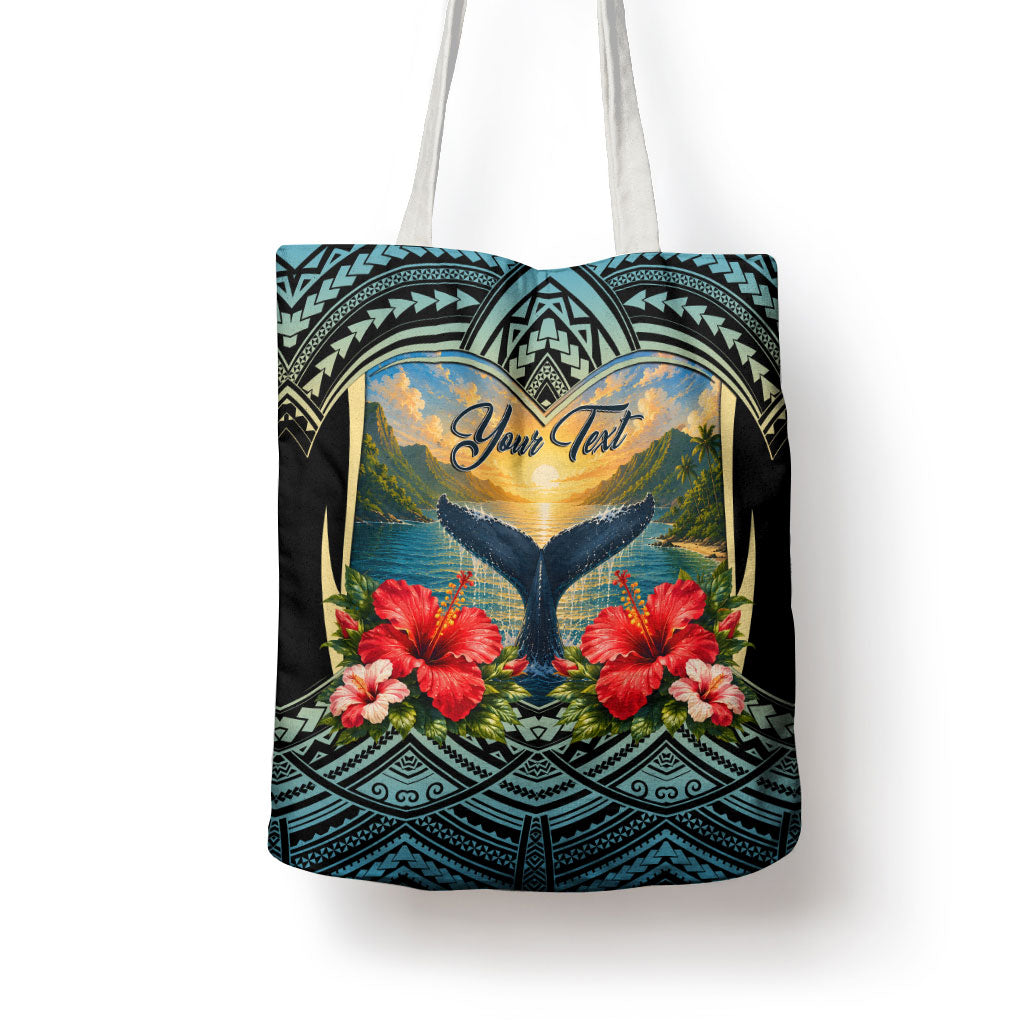 Personalized Masefau American Samoa Whale Tote Bag Polynesian Tribal Pattern Tropical Hibiscus