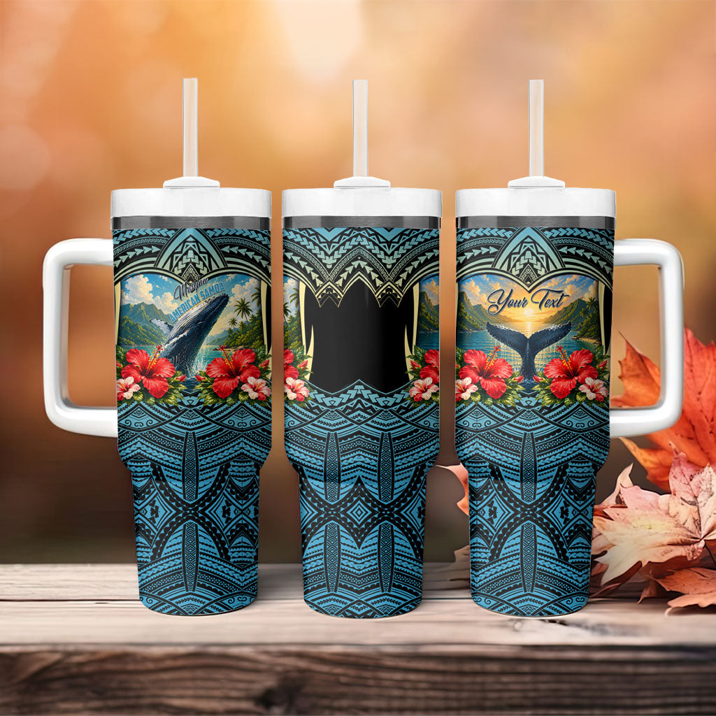 Personalized Masefau American Samoa Whale Tumbler With Handle Polynesian Tribal Pattern Tropical Hibiscus