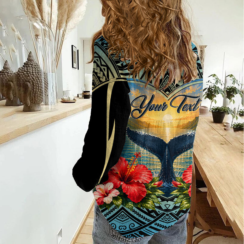 Personalized Masefau American Samoa Whale Women Casual Shirt Polynesian Tribal Pattern Tropical Hibiscus