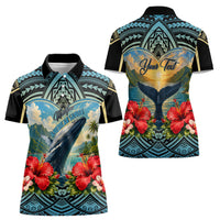 Personalized Masefau American Samoa Whale Women Polo Shirt Polynesian Tribal Pattern Tropical Hibiscus