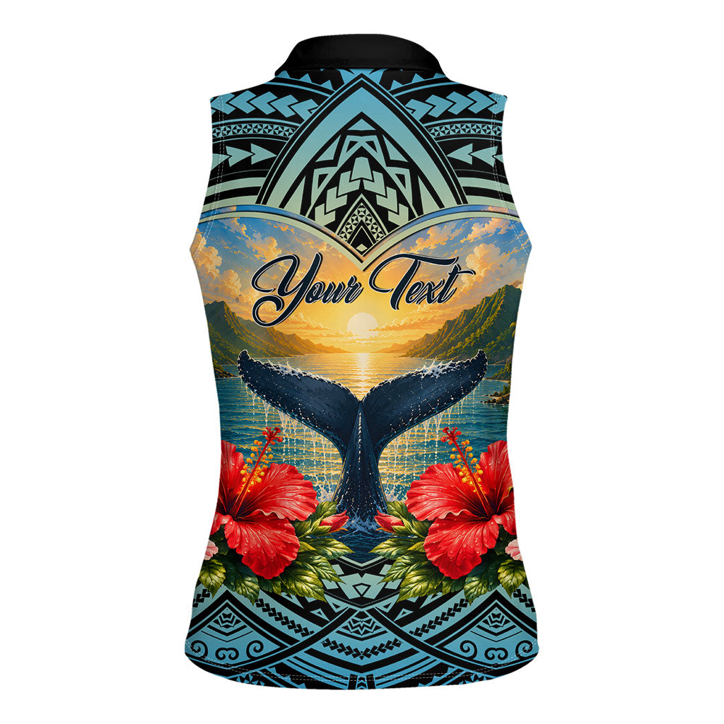 Personalized Masefau American Samoa Whale Women Sleeveless Polo Shirt Polynesian Tribal Pattern Tropical Hibiscus