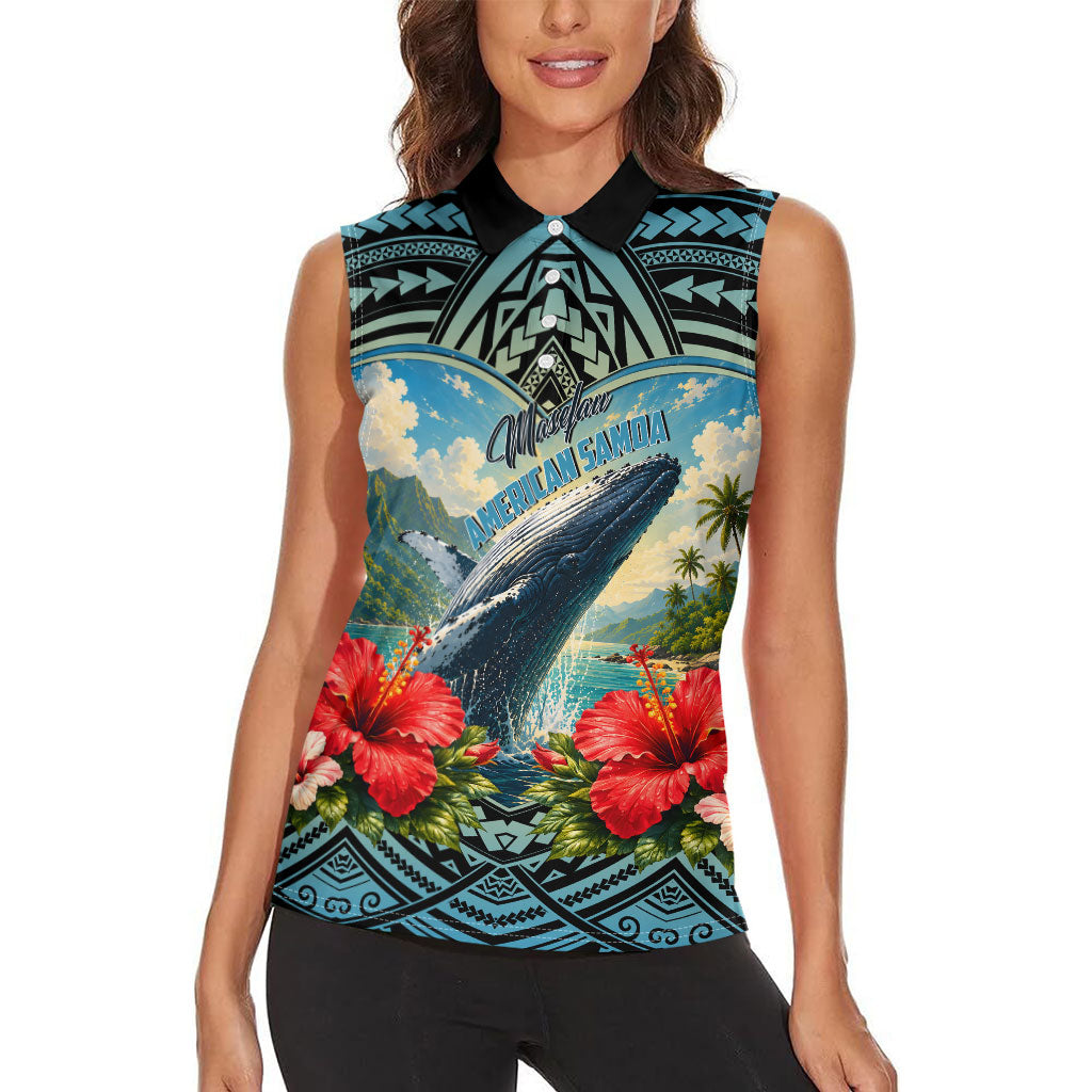Personalized Masefau American Samoa Whale Women Sleeveless Polo Shirt Polynesian Tribal Pattern Tropical Hibiscus