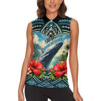 Personalized Masefau American Samoa Whale Women Sleeveless Polo Shirt Polynesian Tribal Pattern Tropical Hibiscus