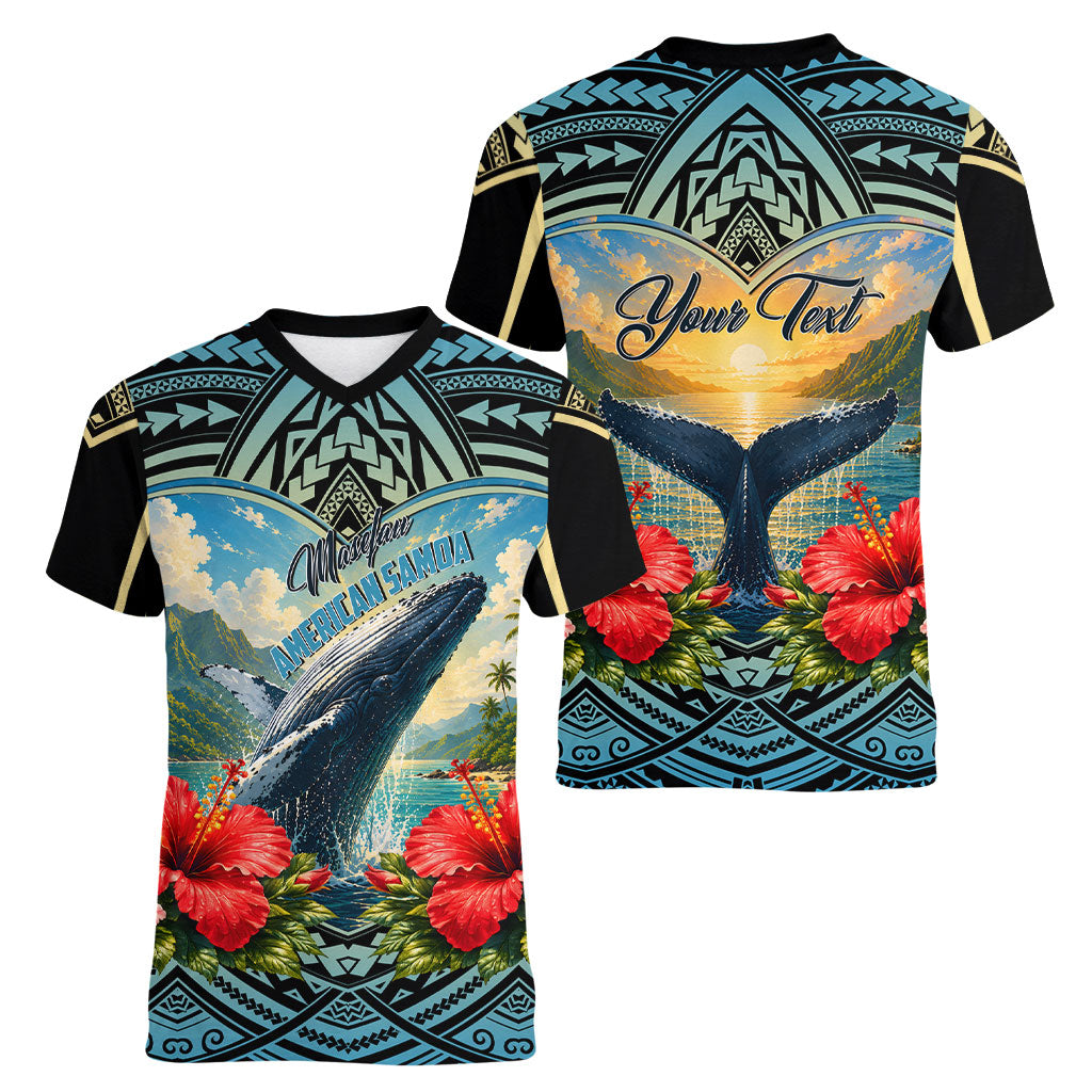 Personalized Masefau American Samoa Whale Women V-Neck T-Shirt Polynesian Tribal Pattern Tropical Hibiscus