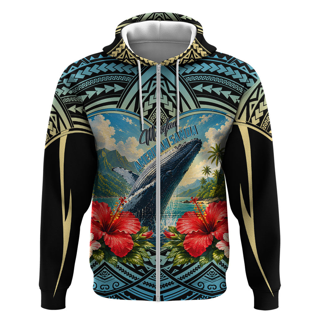 Personalized Masefau American Samoa Whale Zip Hoodie Polynesian Tribal Pattern Tropical Hibiscus