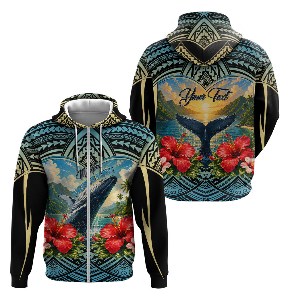 Personalized Masefau American Samoa Whale Zip Hoodie Polynesian Tribal Pattern Tropical Hibiscus