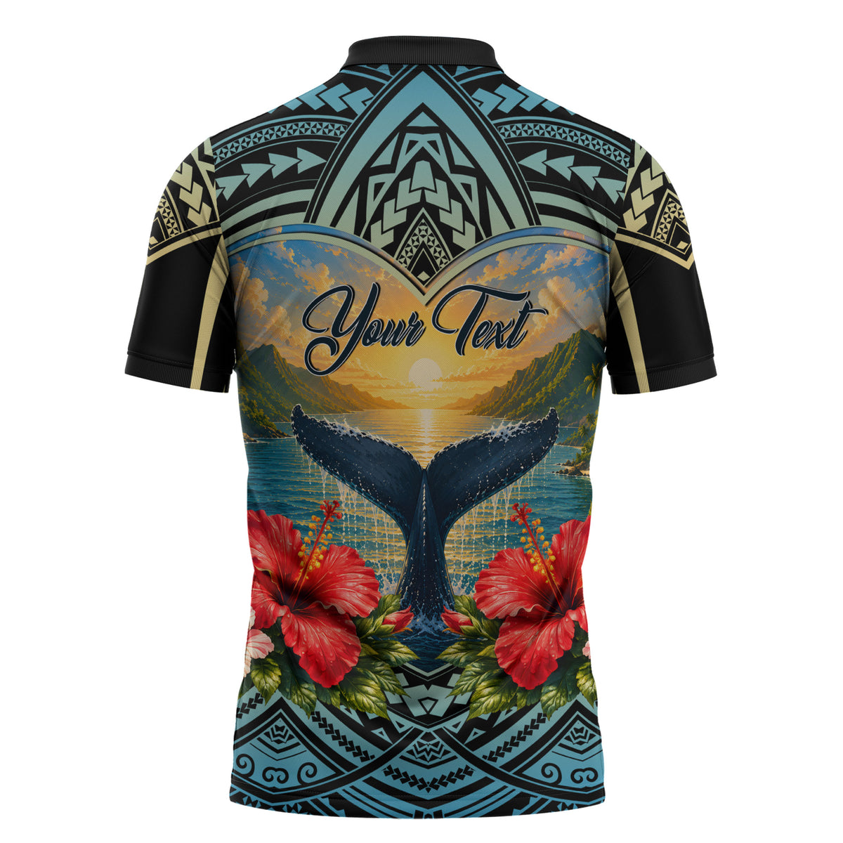 Personalized Masefau American Samoa Whale Zipper Polo Shirt Polynesian Tribal Pattern Tropical Hibiscus