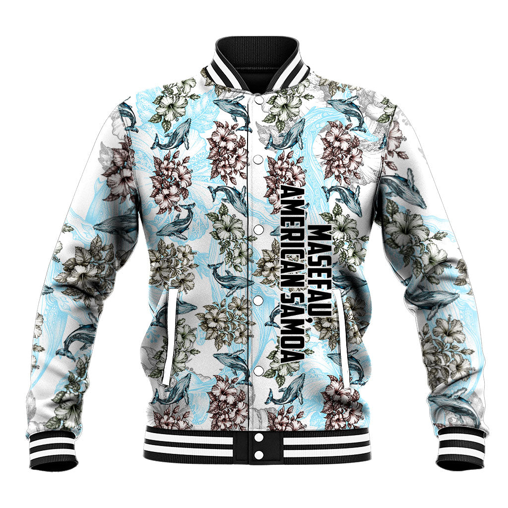 Personalized Masefau American Samoa Baseball Jacket Vintage Whale Hibiscus Ocean Waves TS04 Unisex White Blue - Polynesian Pride