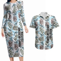 Personalized Masefau American Samoa Couples Matching Long Sleeve Bodycon Dress and Hawaiian Shirt Vintage Whale Hibiscus Ocean Waves