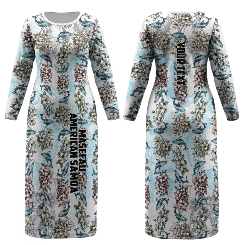 Personalized Masefau American Samoa Couples Matching Long Sleeve Bodycon Dress and Hawaiian Shirt Vintage Whale Hibiscus Ocean Waves