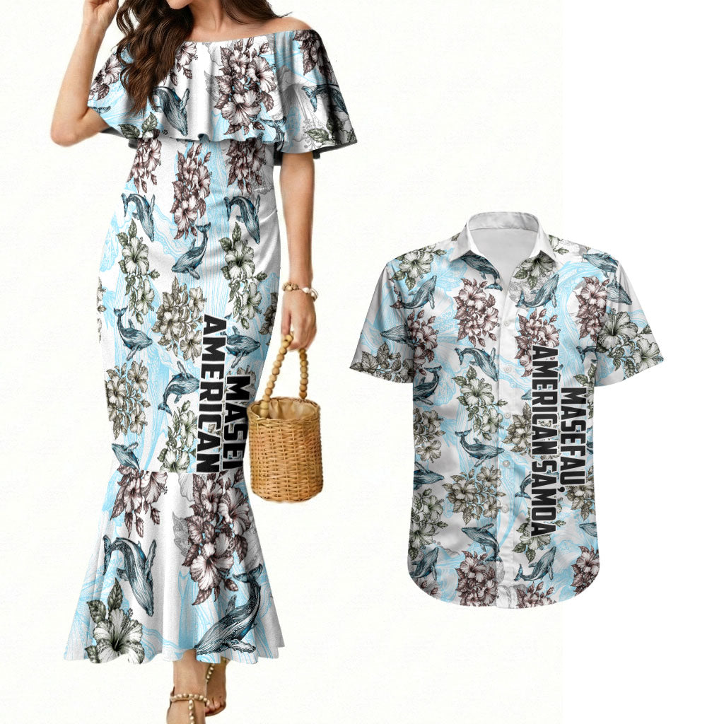 Personalized Masefau American Samoa Couples Matching Mermaid Dress and Hawaiian Shirt Vintage Whale Hibiscus Ocean Waves