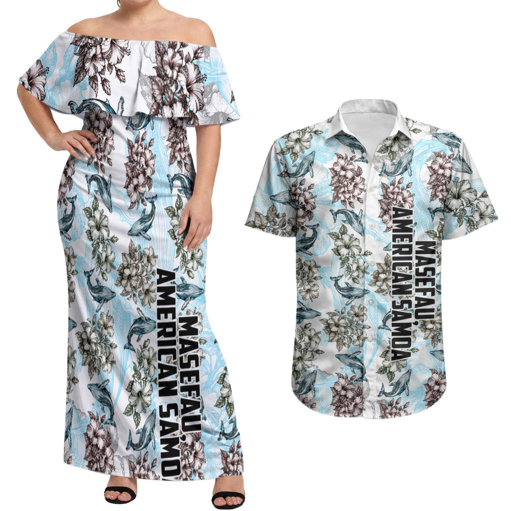 Personalized Masefau American Samoa Couples Matching Off Shoulder Maxi Dress and Hawaiian Shirt Vintage Whale Hibiscus Ocean Waves
