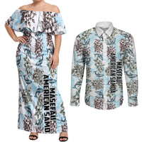 Personalized Masefau American Samoa Couples Matching Off Shoulder Maxi Dress and Long Sleeve Button Shirt Vintage Whale Hibiscus Ocean Waves
