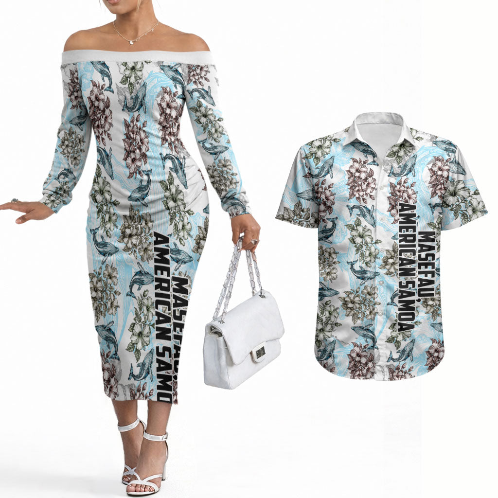 Personalized Masefau American Samoa Couples Matching Off The Shoulder Long Sleeve Dress and Hawaiian Shirt Vintage Whale Hibiscus Ocean Waves