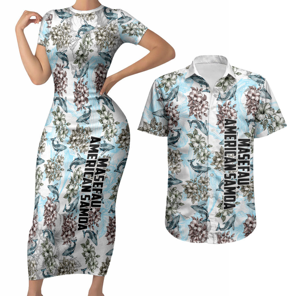 Personalized Masefau American Samoa Couples Matching Short Sleeve Bodycon Dress and Hawaiian Shirt Vintage Whale Hibiscus Ocean Waves