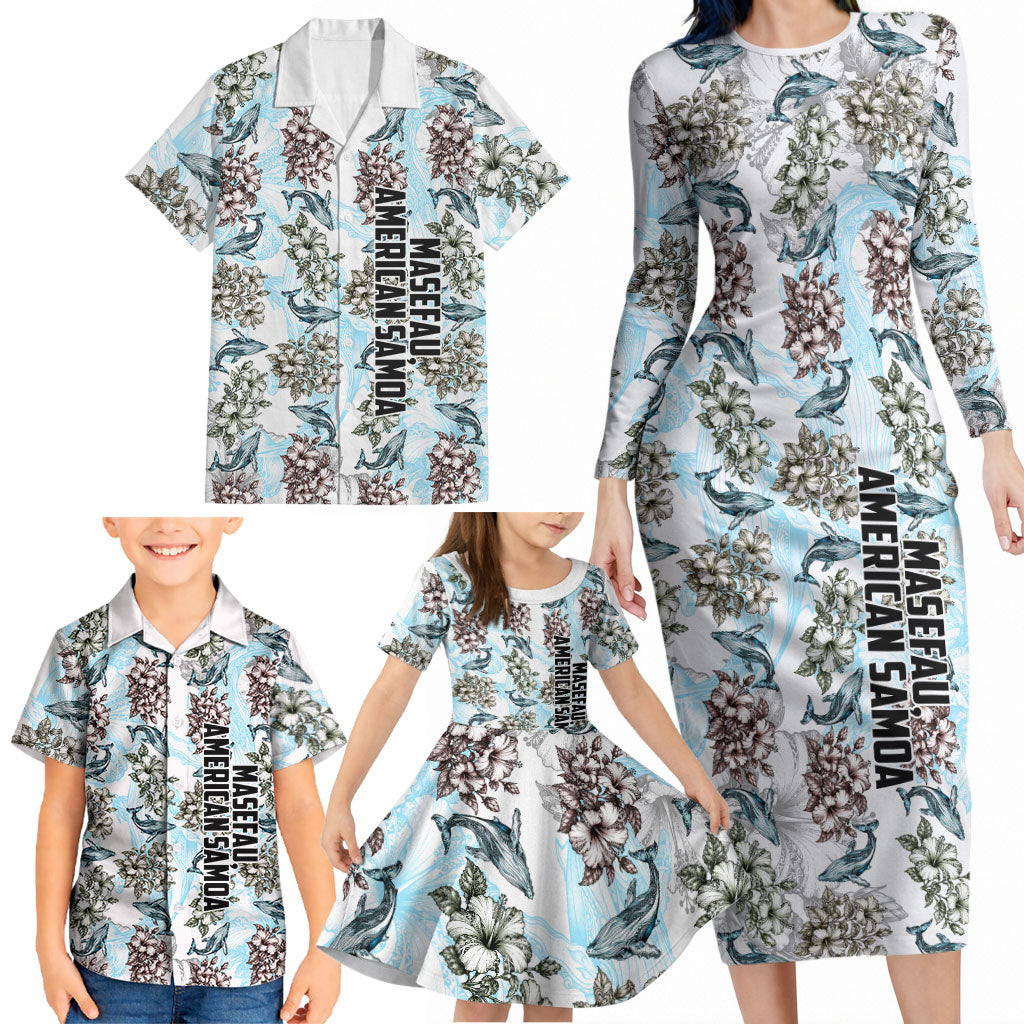 Personalized Masefau American Samoa Family Matching Long Sleeve Bodycon Dress and Hawaiian Shirt Vintage Whale Hibiscus Ocean Waves