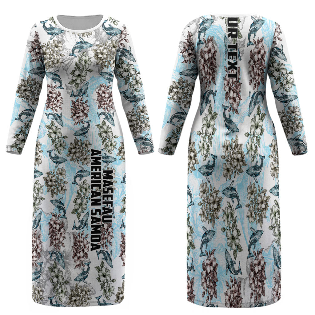 Personalized Masefau American Samoa Family Matching Long Sleeve Bodycon Dress and Hawaiian Shirt Vintage Whale Hibiscus Ocean Waves