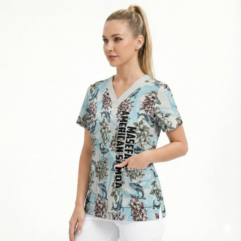 Personalized Masefau American Samoa Scrub Top Vintage Whale Hibiscus Ocean Waves