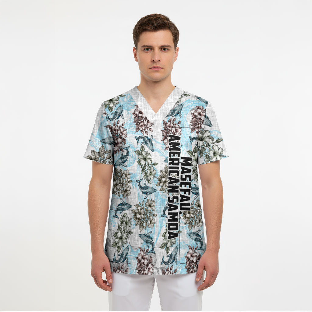 Personalized Masefau American Samoa Scrub Top Vintage Whale Hibiscus Ocean Waves