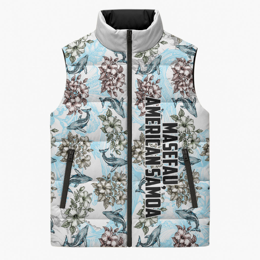 Personalized Masefau American Samoa Sleeveless Puffer Jacket Vintage Whale Hibiscus Ocean Waves