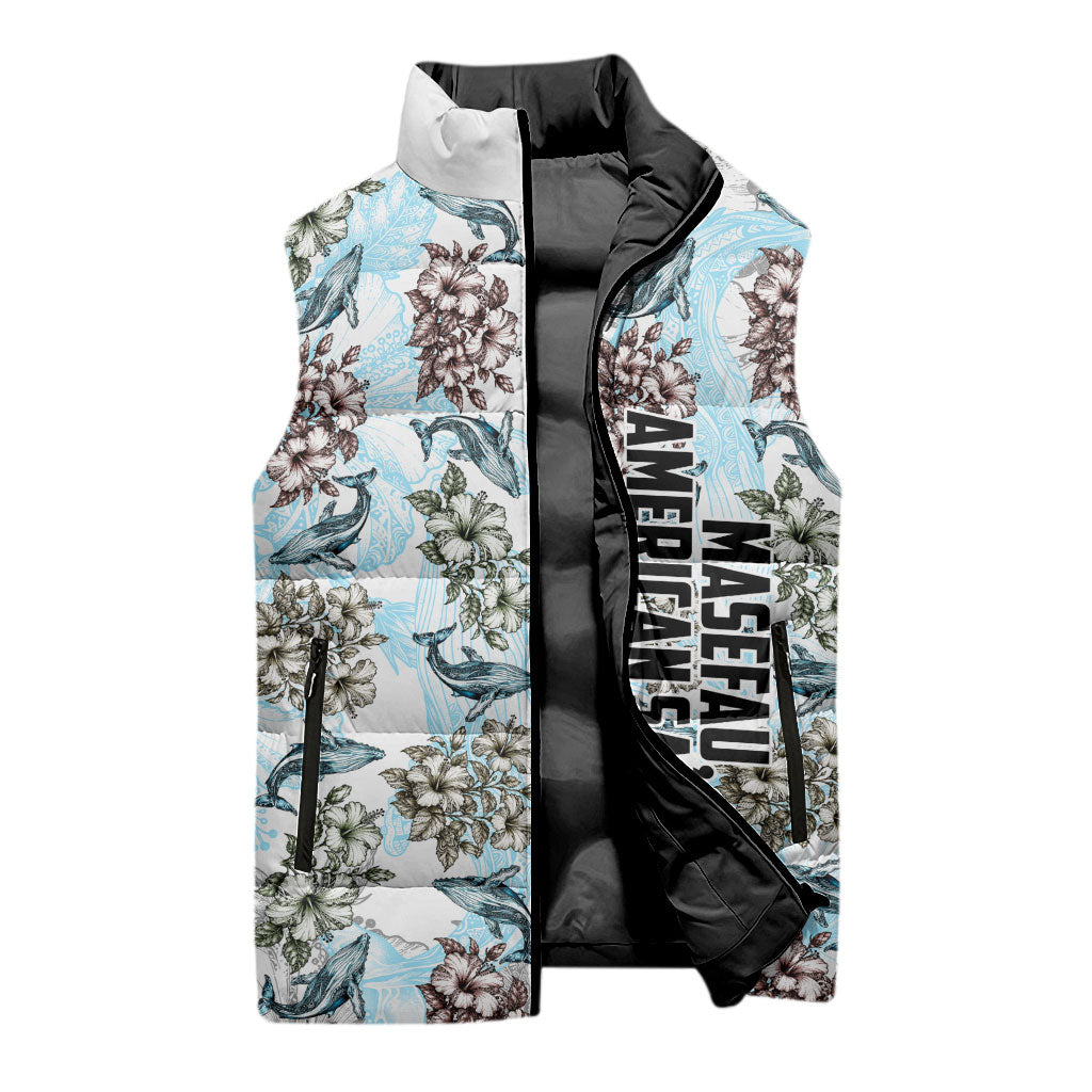 Personalized Masefau American Samoa Sleeveless Puffer Jacket Vintage Whale Hibiscus Ocean Waves