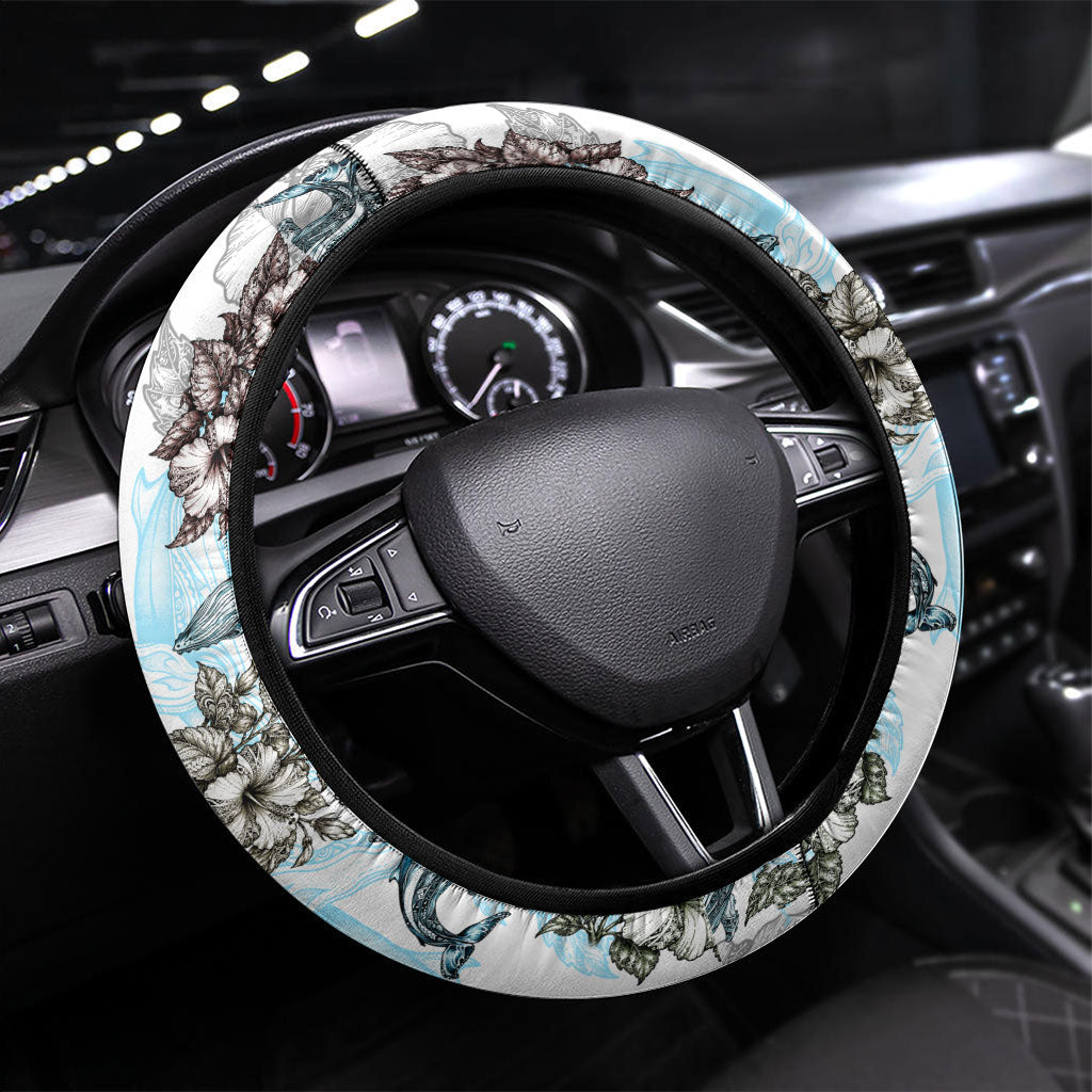 Masefau American Samoa Steering Wheel Cover Vintage Whale Hibiscus Ocean Waves TS04 Universal Fit White Blue - Polynesian Pride
