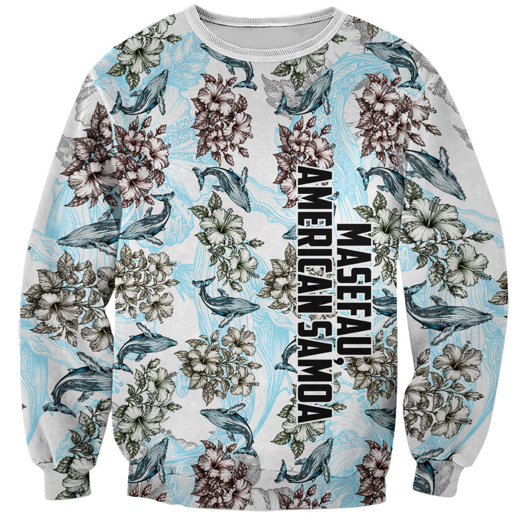 Personalized Masefau American Samoa Sweatshirt Vintage Whale Hibiscus Ocean Waves TS04 Unisex White Blue - Polynesian Pride
