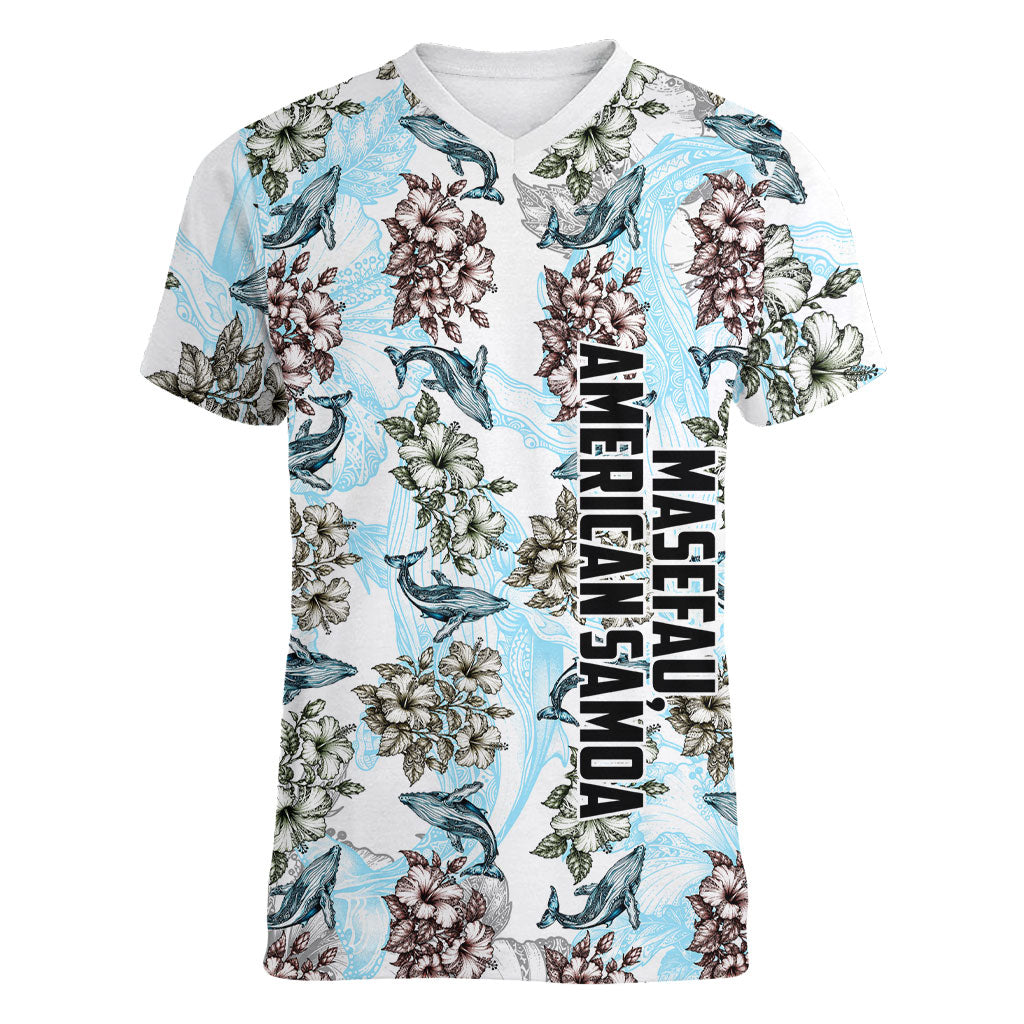 Personalized Masefau American Samoa Women V-Neck T-Shirt Vintage Whale Hibiscus Ocean Waves