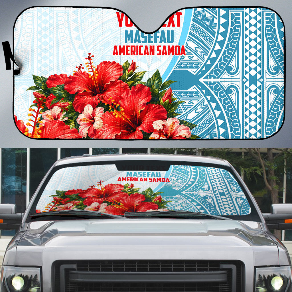 Personalized American Samoa Masefau Auto Sun Shade Hibiscus Tropical Floral Whale Polynesian Tribal Pattern TS04 White Blue - Polynesian Pride