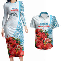 Personalized American Samoa Masefau Couples Matching Long Sleeve Bodycon Dress and Hawaiian Shirt Hibiscus Tropical Floral Whale Polynesian Tribal Pattern