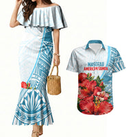 Personalized American Samoa Masefau Couples Matching Mermaid Dress and Hawaiian Shirt Hibiscus Tropical Floral Whale Polynesian Tribal Pattern