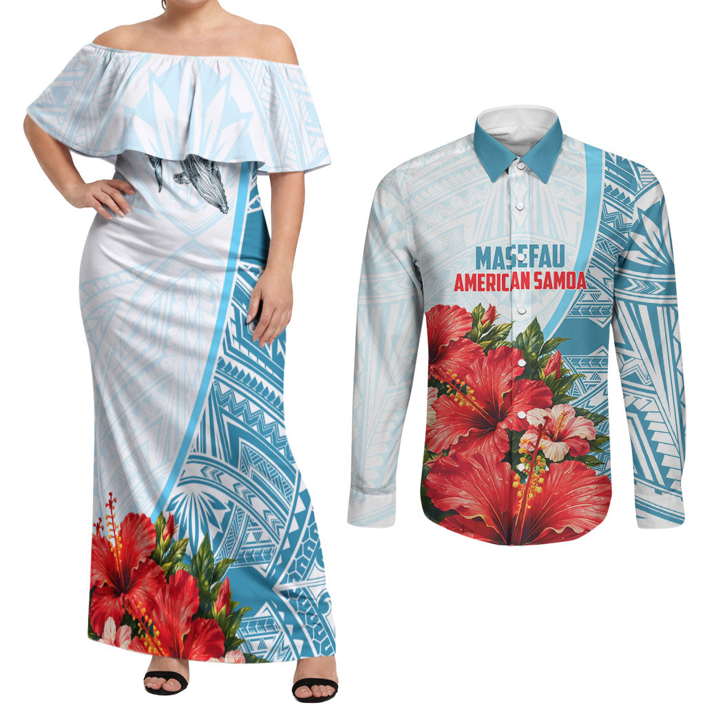 Personalized American Samoa Masefau Couples Matching Off Shoulder Maxi Dress and Long Sleeve Button Shirt Hibiscus Tropical Floral Whale Polynesian Tribal Pattern