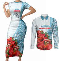 Personalized American Samoa Masefau Couples Matching Short Sleeve Bodycon Dress and Long Sleeve Button Shirt Hibiscus Tropical Floral Whale Polynesian Tribal Pattern