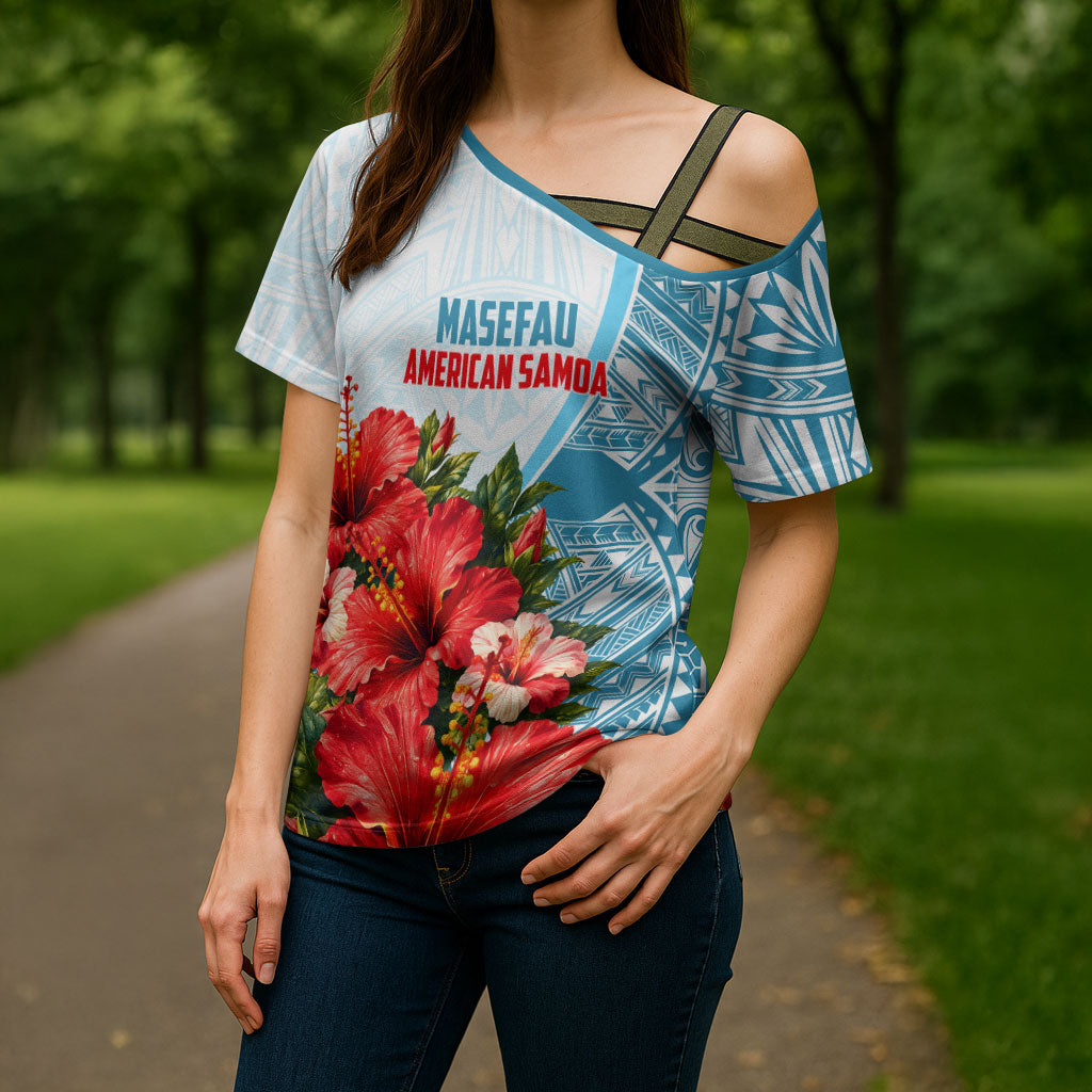 Personalized American Samoa Masefau Cross Shoulder Shirt Hibiscus Tropical Floral Whale Polynesian Tribal Pattern