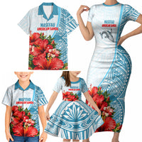 Personalized American Samoa Masefau Family Matching Short Sleeve Bodycon Dress and Hawaiian Shirt Hibiscus Tropical Floral Whale Polynesian Tribal Pattern