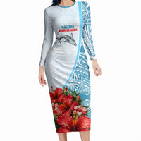 Personalized American Samoa Masefau Long Sleeve Bodycon Dress Hibiscus Tropical Floral Whale Polynesian Tribal Pattern