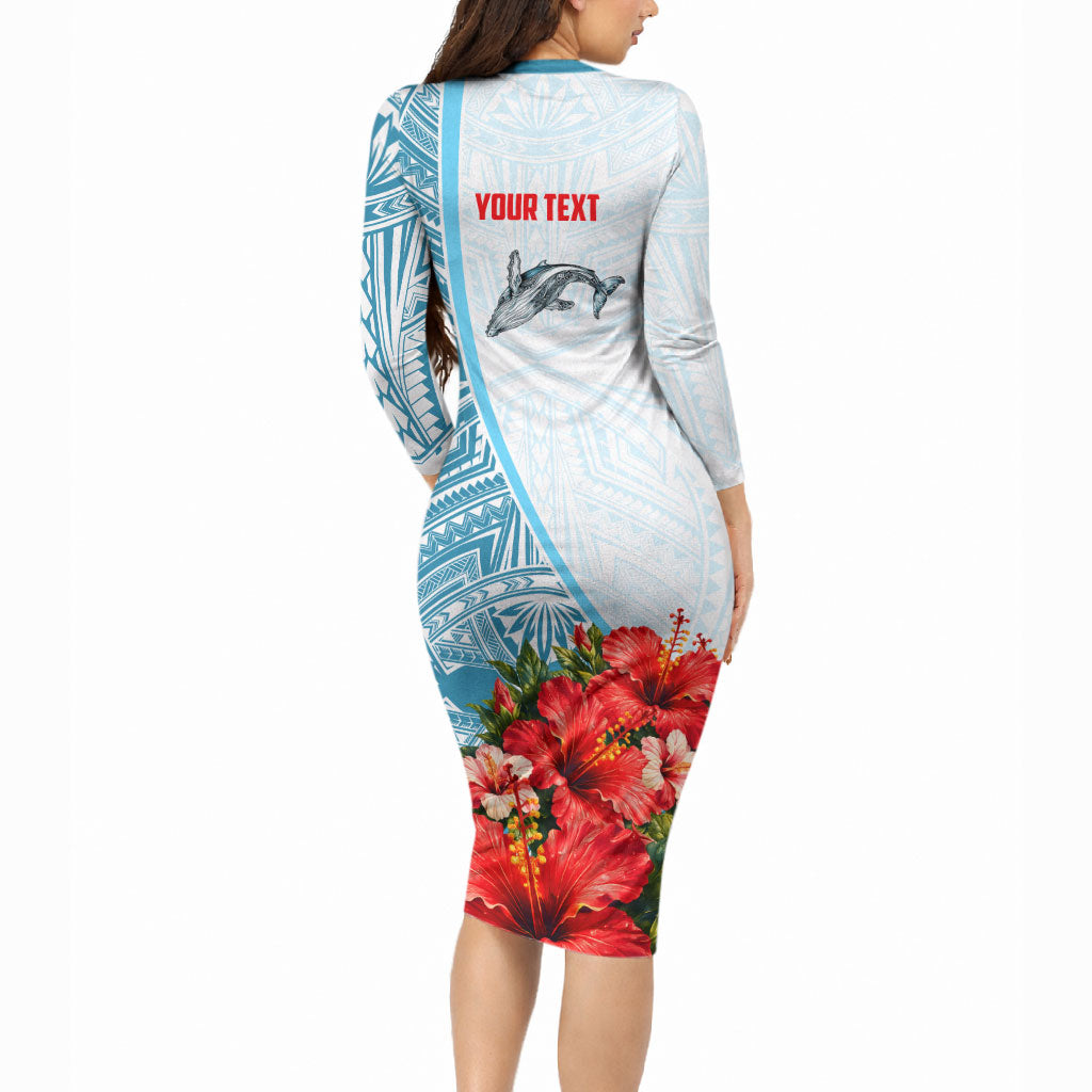 Personalized American Samoa Masefau Long Sleeve Bodycon Dress Hibiscus Tropical Floral Whale Polynesian Tribal Pattern