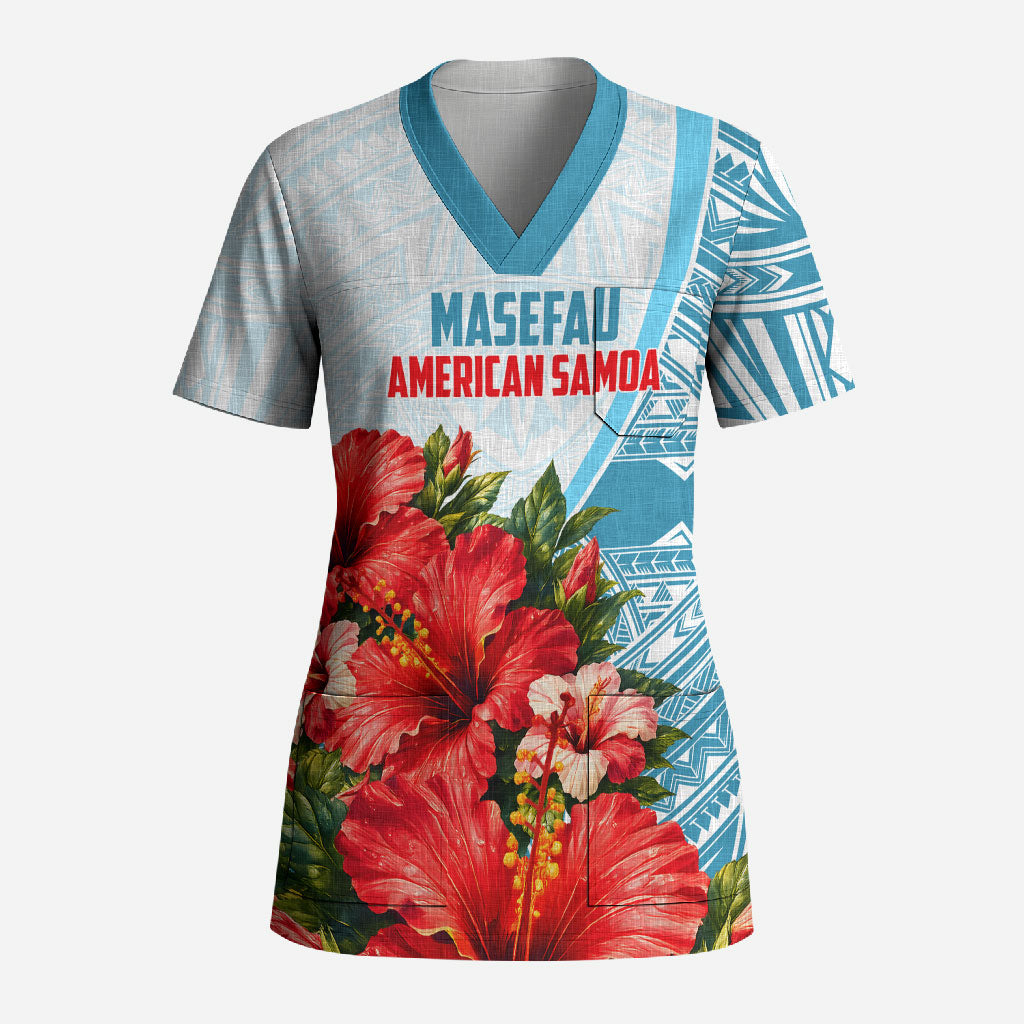 Personalized American Samoa Masefau Scrub Top Hibiscus Tropical Floral Whale Polynesian Tribal Pattern