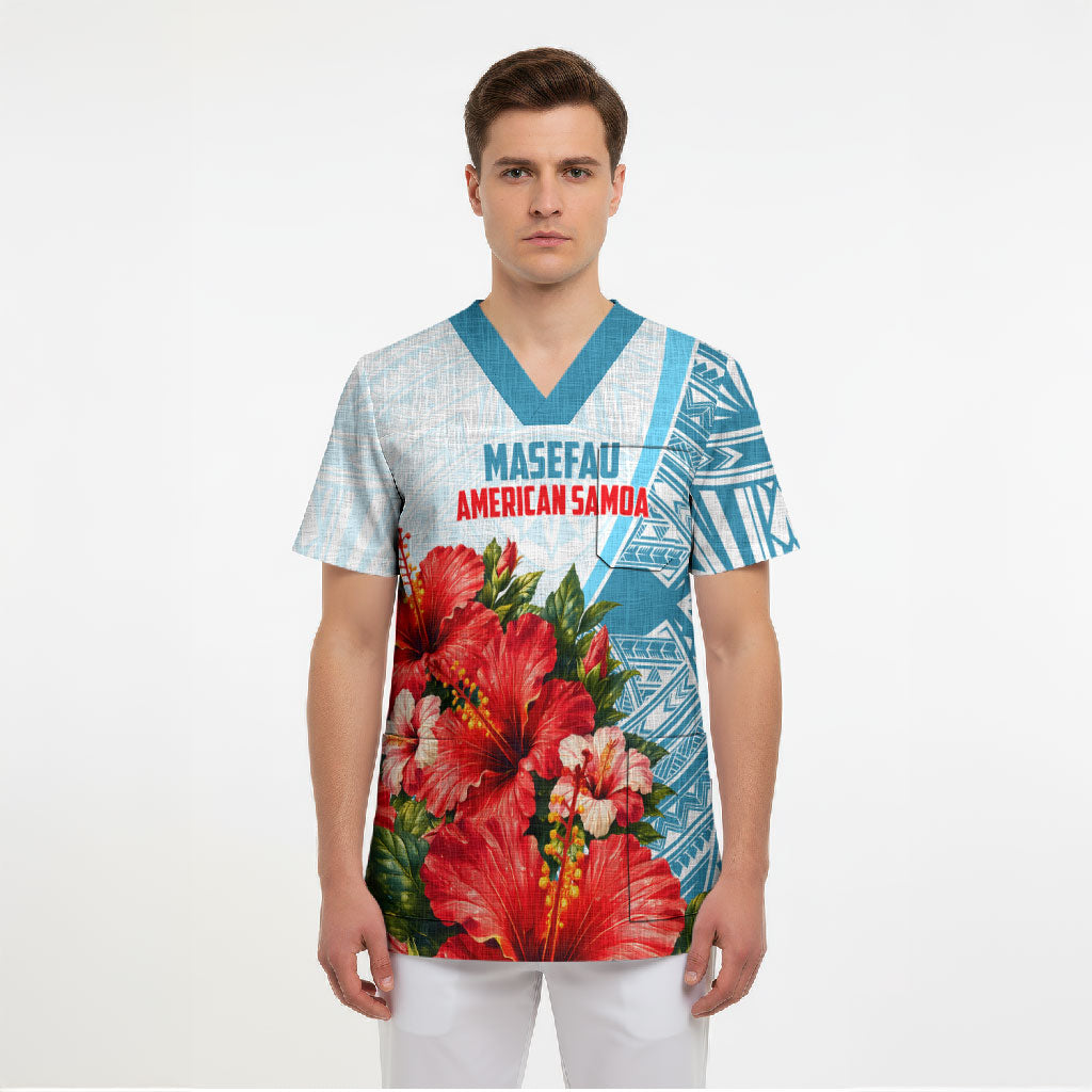 Personalized American Samoa Masefau Scrub Top Hibiscus Tropical Floral Whale Polynesian Tribal Pattern