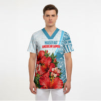 Personalized American Samoa Masefau Scrub Top Hibiscus Tropical Floral Whale Polynesian Tribal Pattern