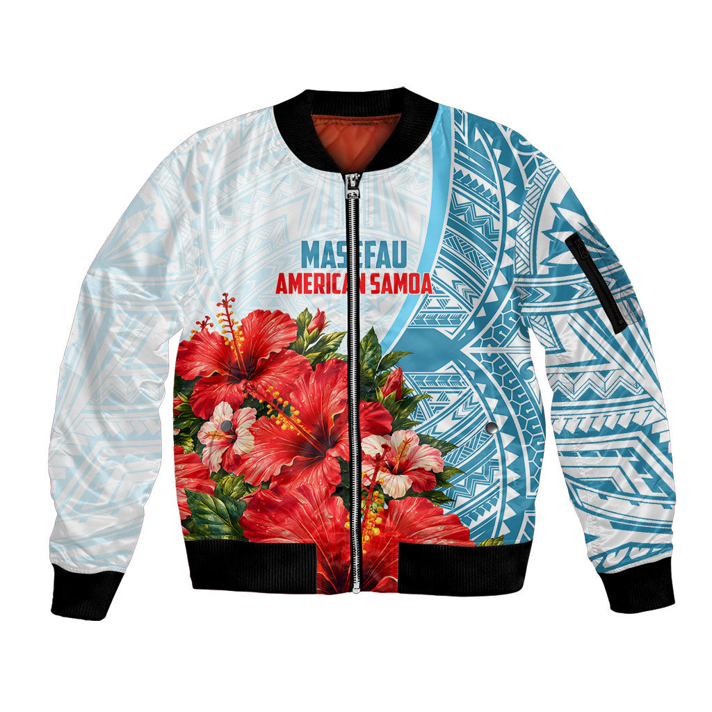 Personalized American Samoa Masefau Sleeve Zip Bomber Jacket Hibiscus Tropical Floral Whale Polynesian Tribal Pattern