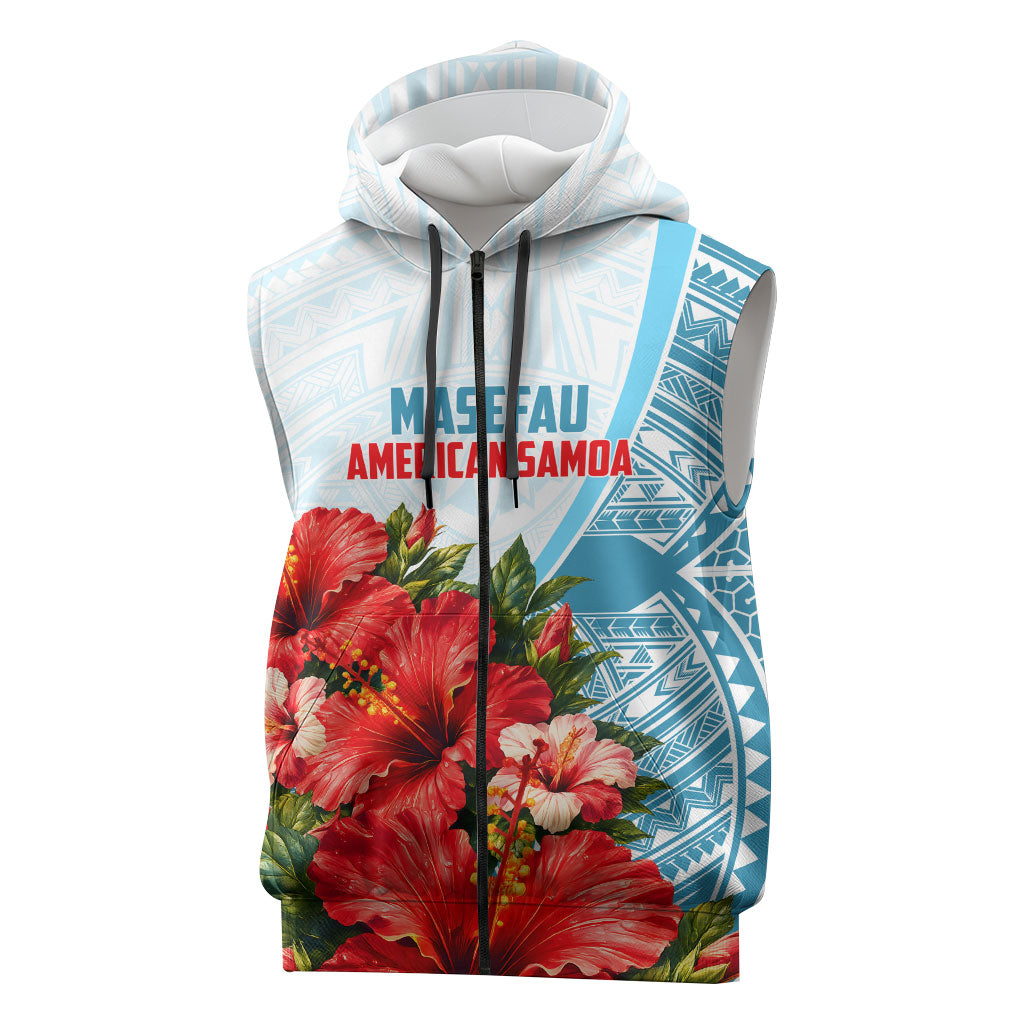 Personalized American Samoa Masefau Sleeveless Zip Hoodie Hibiscus Tropical Floral Whale Polynesian Tribal Pattern TS04 White Blue - Polynesian Pride