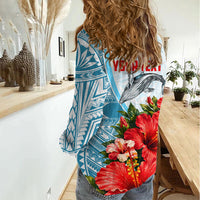Personalized American Samoa Masefau Women Casual Shirt Hibiscus Tropical Floral Whale Polynesian Tribal Pattern