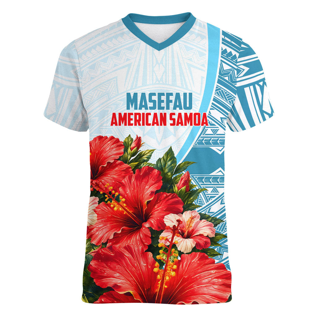 Personalized American Samoa Masefau Women V-Neck T-Shirt Hibiscus Tropical Floral Whale Polynesian Tribal Pattern