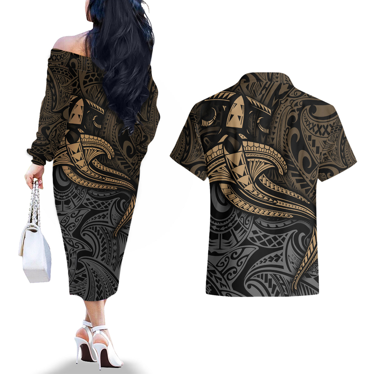 Polynesian Couples Matching Off The Shoulder Long Sleeve Dress and Hawaiian Shirt Hammerhead Shark Tribal Pattern TS04 - Polynesian Pride