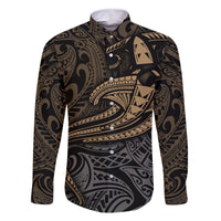 Polynesian Family Matching Off Shoulder Long Sleeve Dress and Hawaiian Shirt Hammerhead Shark Tribal Pattern TS04 Dad's Shirt - Long Sleeve Black/Yellow - Polynesian Pride