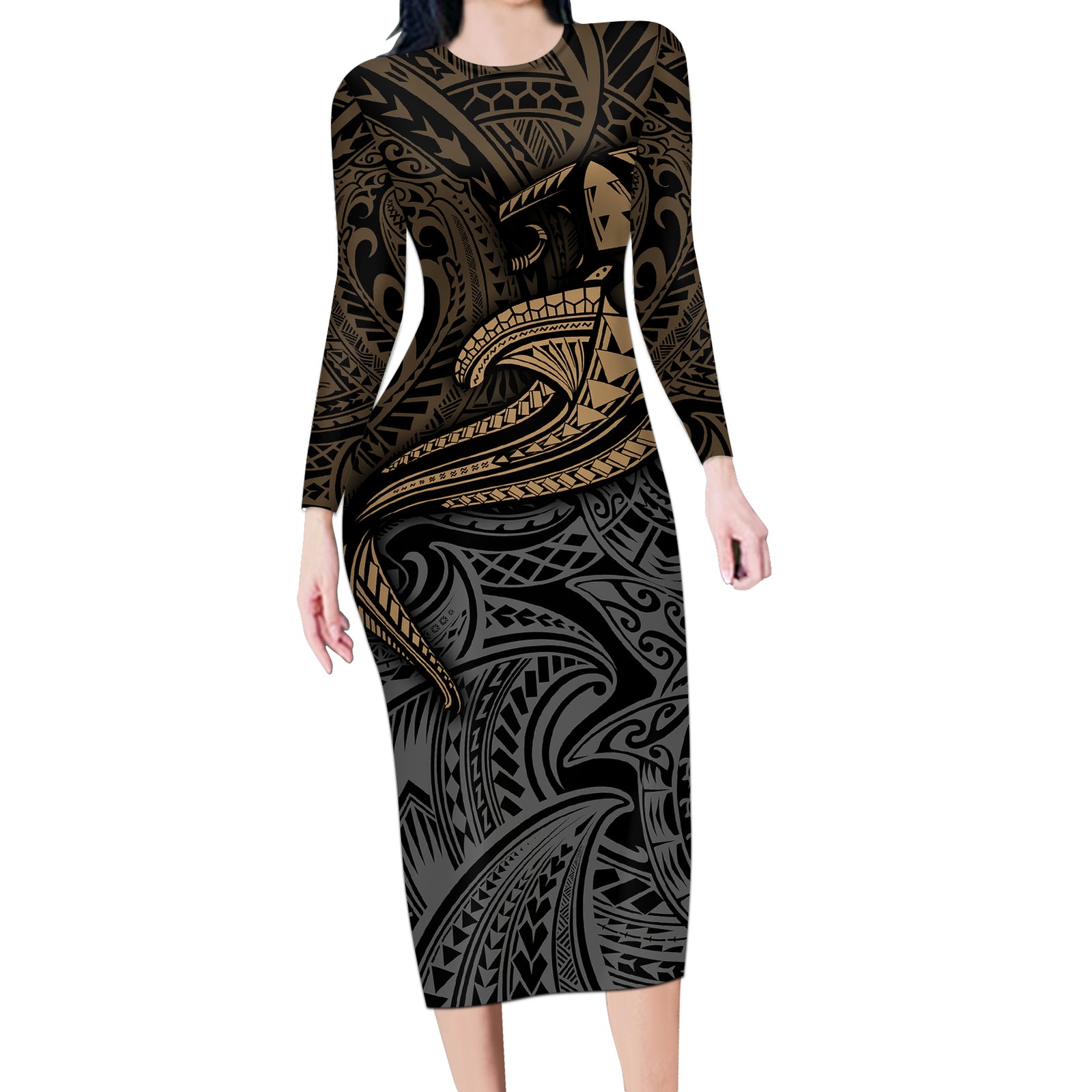 Polynesian Long Sleeve Bodycon Dress Hammerhead Shark Tribal Pattern TS04 Long Dress Black Yellow - Polynesian Pride