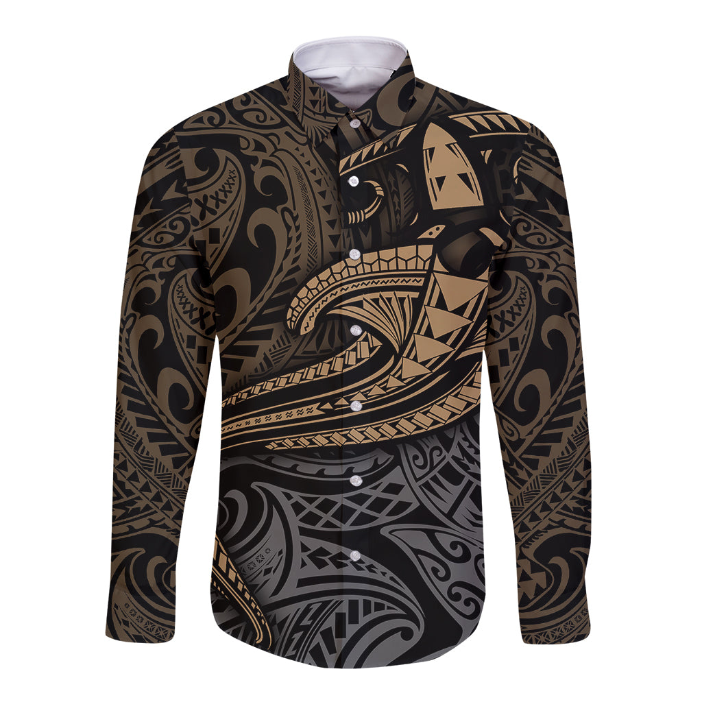 Polynesian Long Sleeve Button Shirt Hammerhead Shark Tribal Pattern TS04 Unisex Black/Yellow - Polynesian Pride